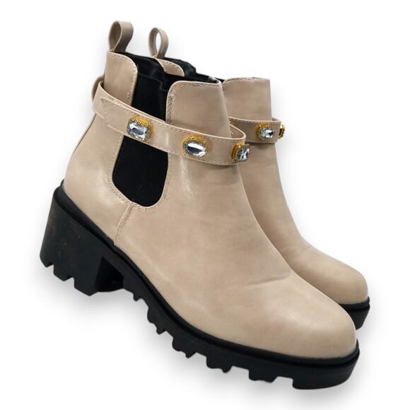 Nicole Miller Lug Sole Faux Leather Beige Jeweled Chelsea Bootie Size 10 - Picture 1 of 8